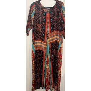 Vtg 90s Njeri Designs Tribal Geometric Print Dress Pockets 1/2x Boho Artsy